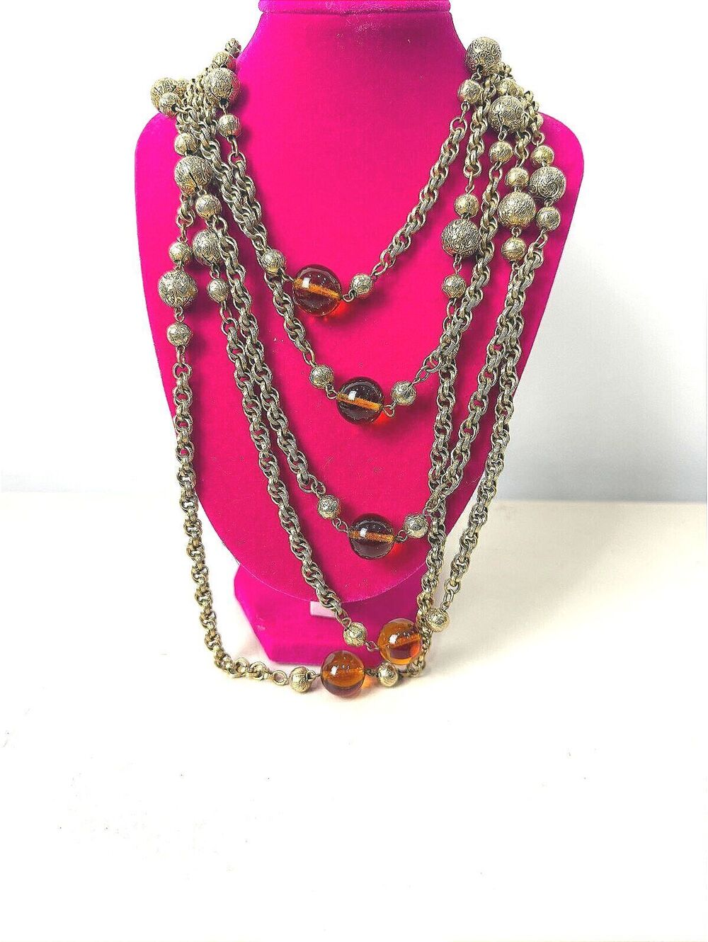 Vintage Multi-Strand Gold Tone Chain Necklace with Amber Beads 15"